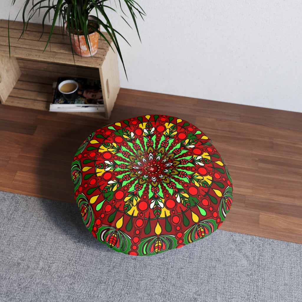 Hand-drawn tufted round pillow featuring Christmas mandala art, an original fine art floor cushion