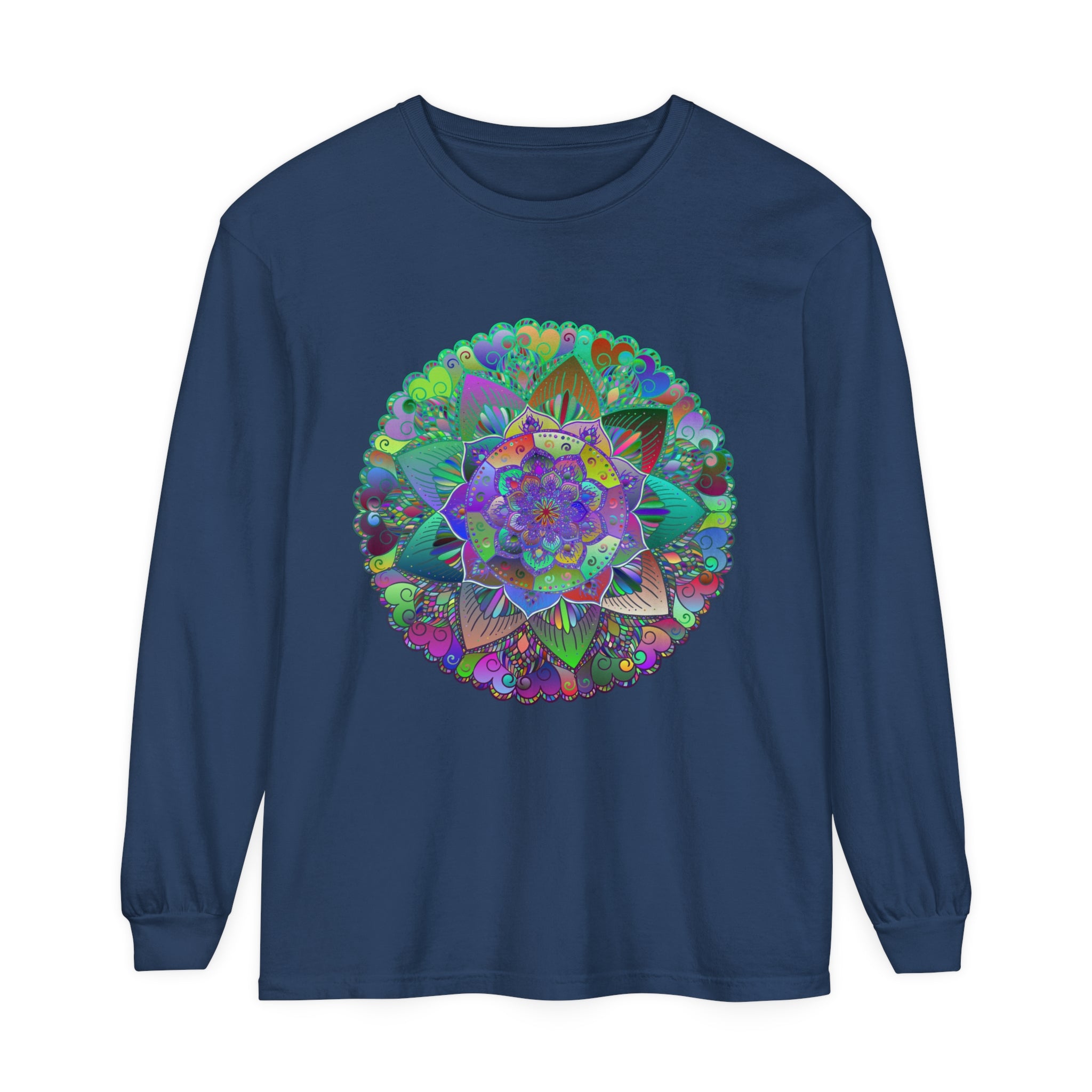 Vibrant mandala long sleeve t-shirt with intricate design for all genders