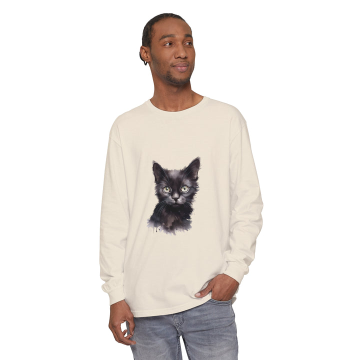 Black Cat Watercolor Long Sleeve T-Shirt with vibrant and detailed feline design