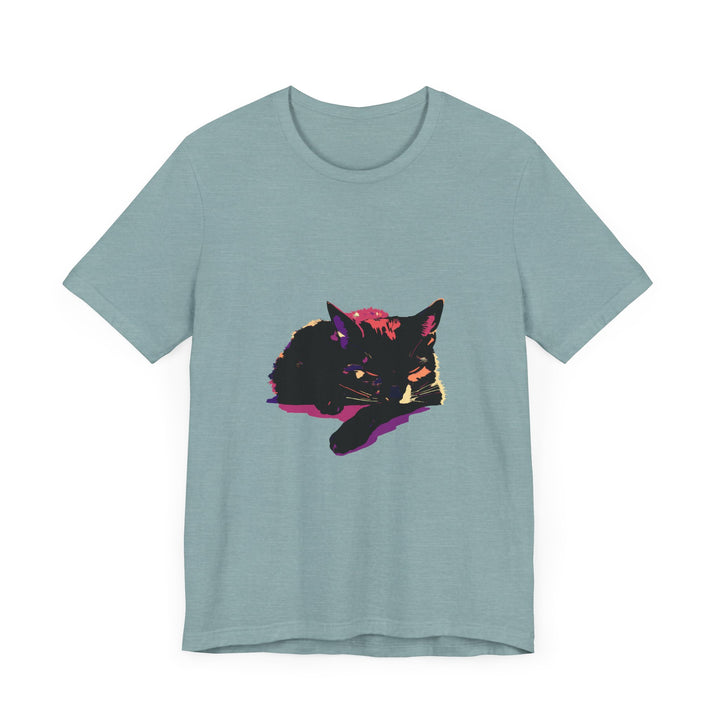 Colorful sleep t-shirt featuring a mysterious black cat design for a comfortable and stylish night's rest