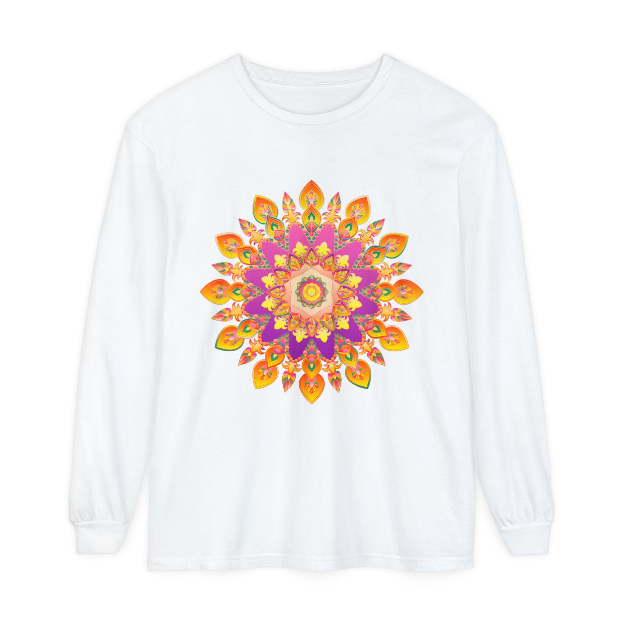 A vibrant and colorful mandala design long sleeve t-shirt for all genders