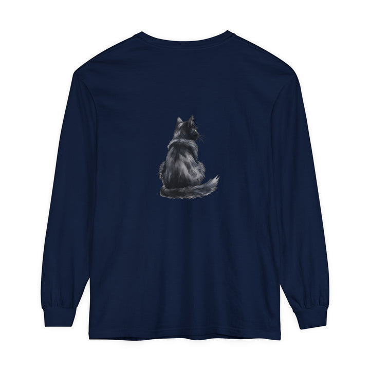 Close-up of watercolor black cat design on long sleeve t-shirt