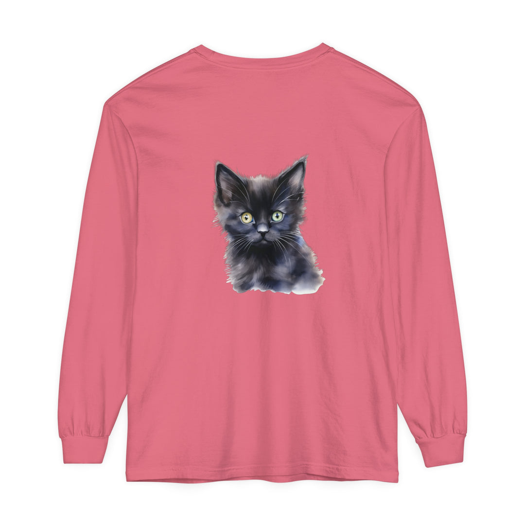 Image of a black long sleeve t-shirt with a mystical kitten design, suitable for both men and women