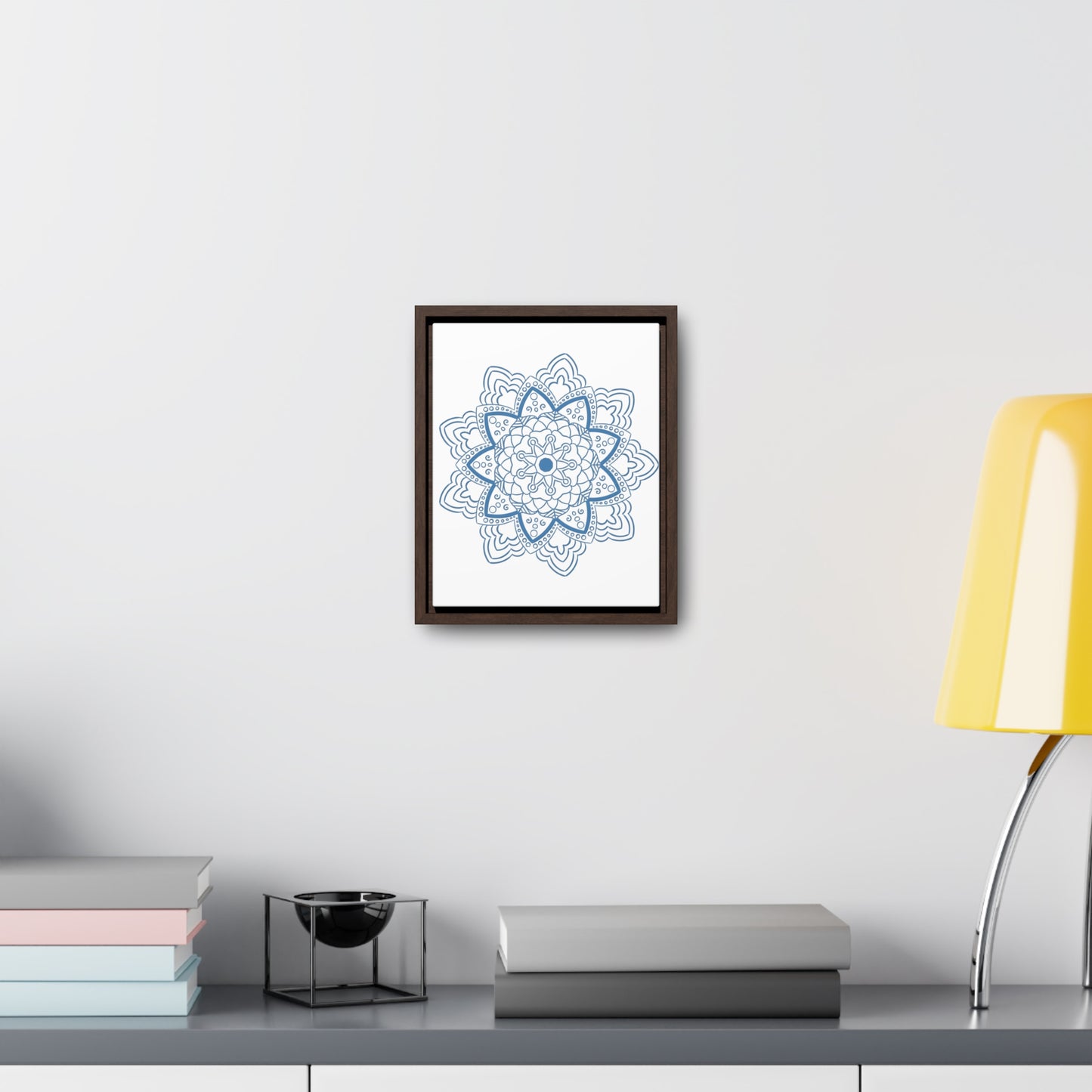 Beautiful handcrafted steel blue mandala design wall art on gallery canvas wraps with a vertical frame, perfect for adding an artistic touch to your home decor