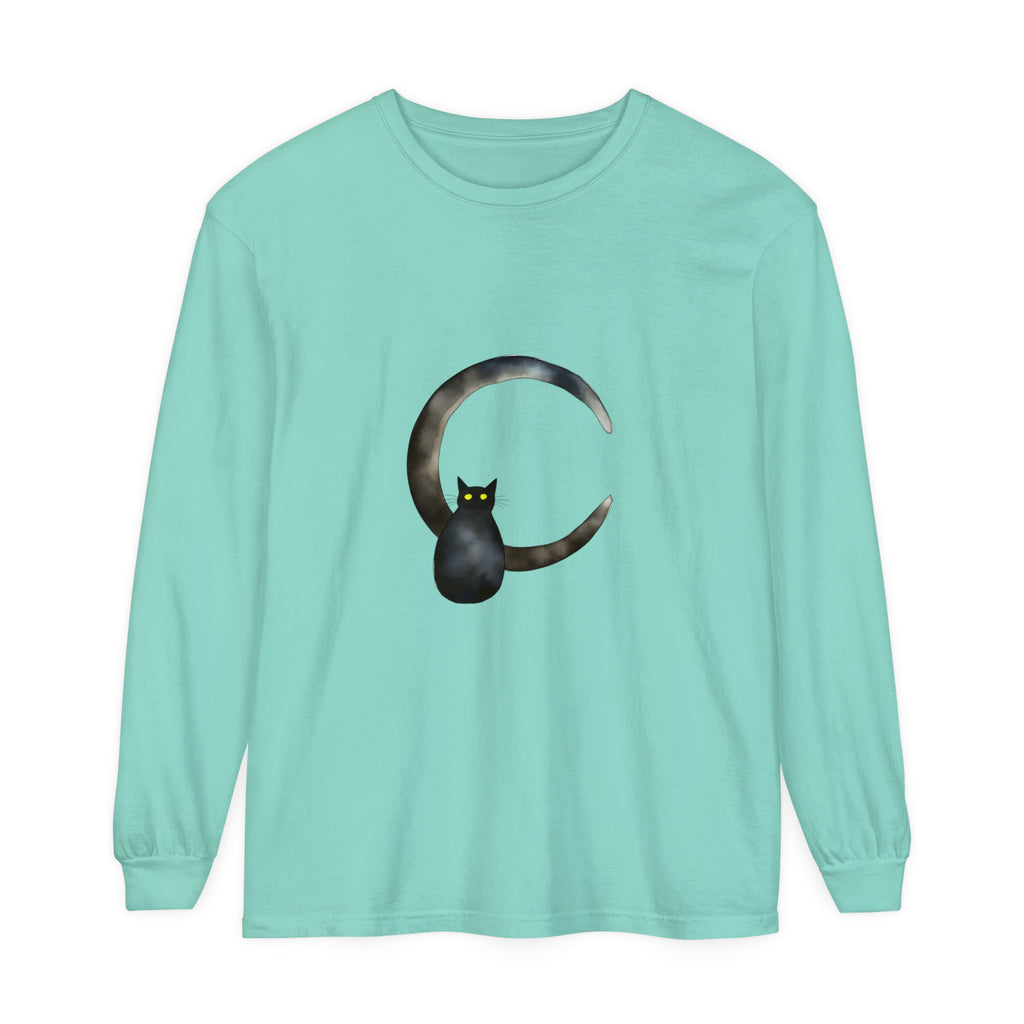 Black Cat Crescent Moon T-Shirt featuring a mysterious feline on a night sky background