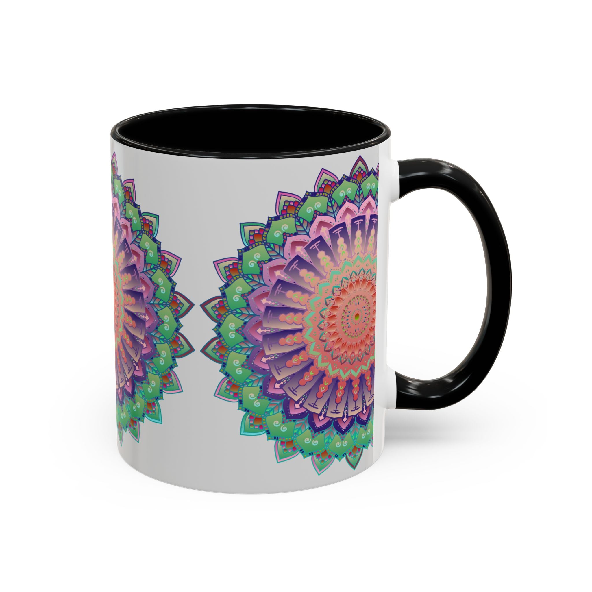 A vibrant and intricate mandala art mug with a colorful floral design