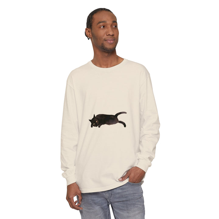 A cozy unisex long sleeve t-shirt featuring a sleeping black cat design