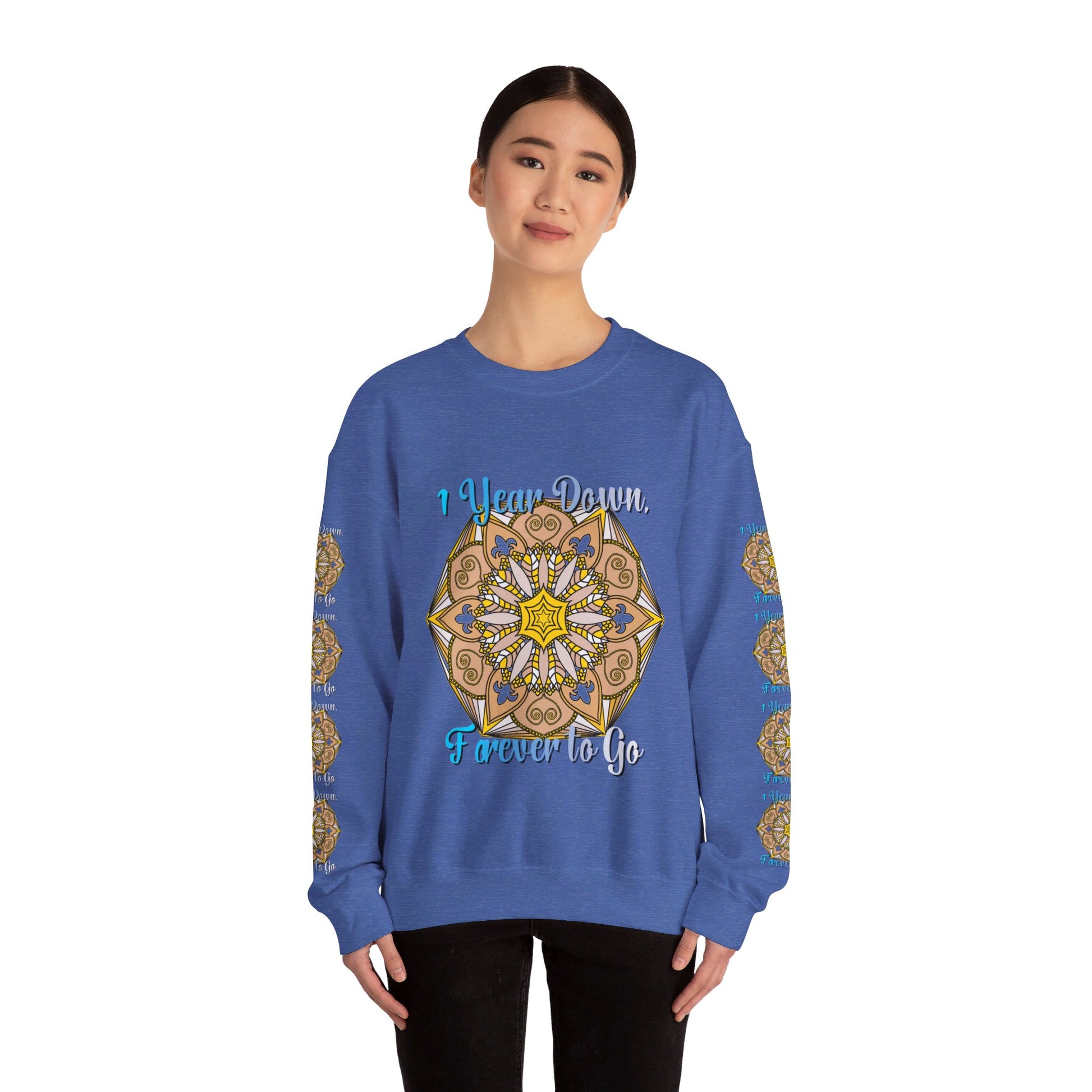 A unisex heavy blend crewneck sweatshirt with the text 1 Year Down, Forever to Go - perfect first year wedding anniversary gift