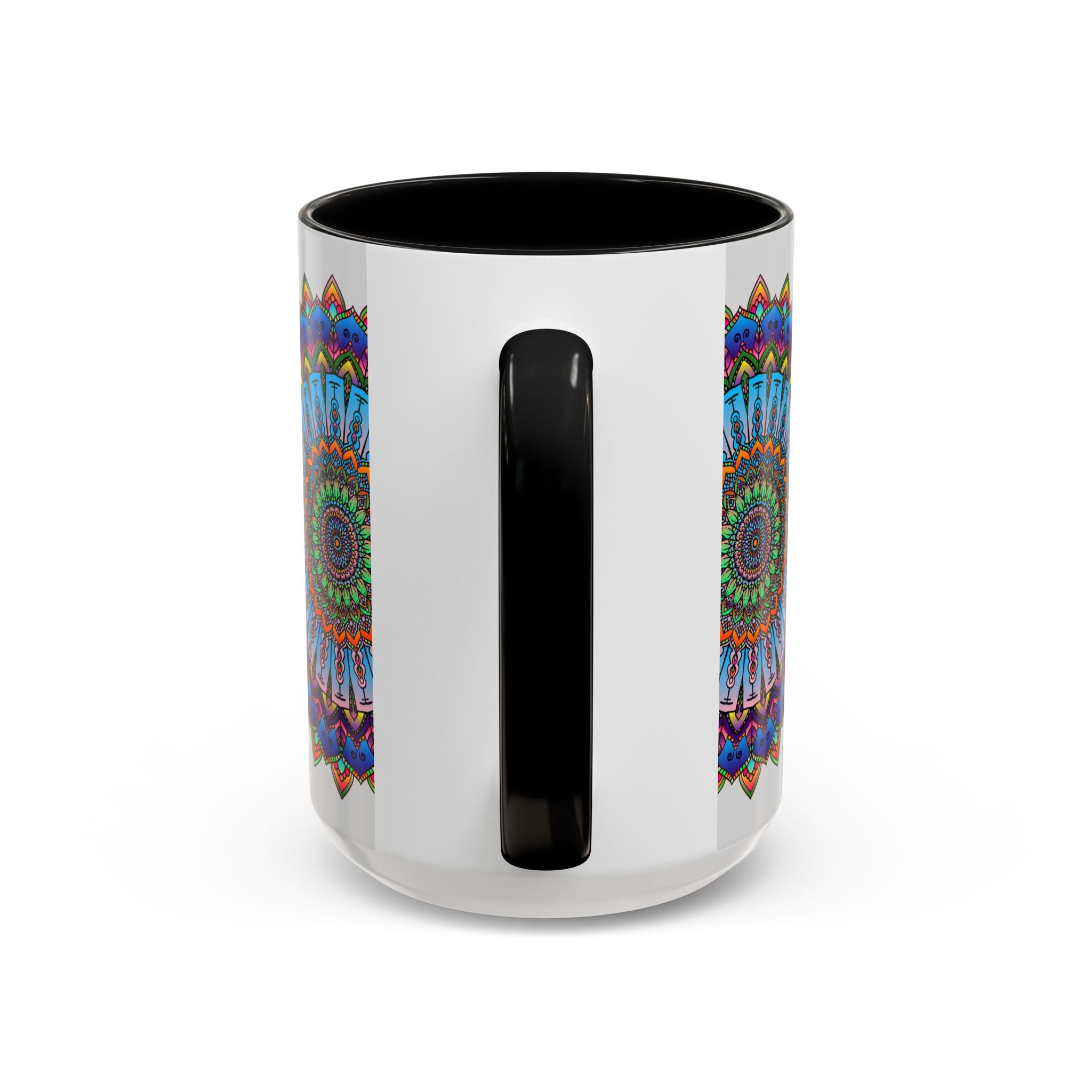 Beautiful and vibrant mandala mug featuring colorful art on a grey background