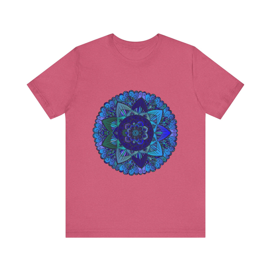 Dark blue and green mandala T-shirt with intricate and spiritual art design