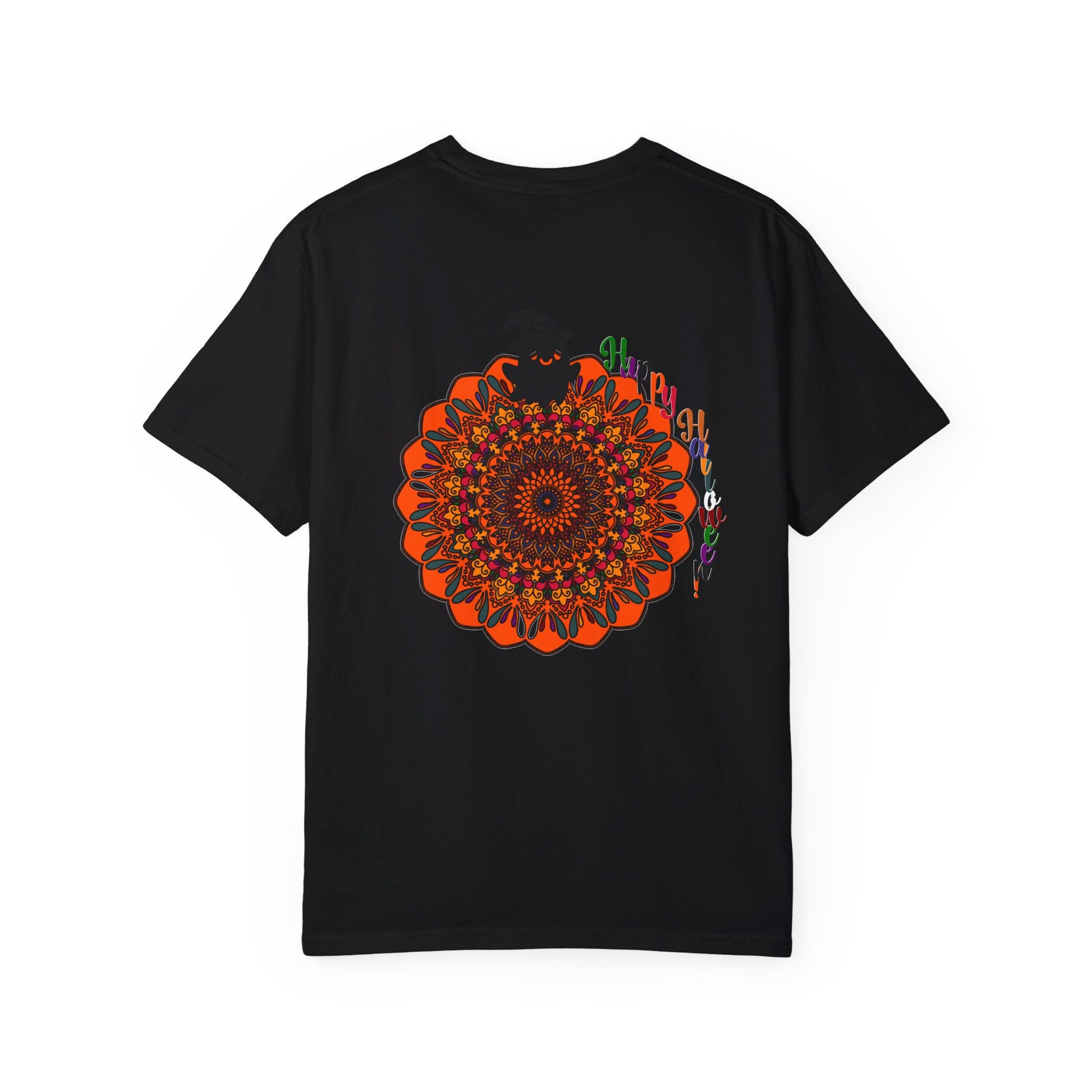 Handmade unisex Halloween mandala T-shirt with pumpkin art, garment-dyed tee