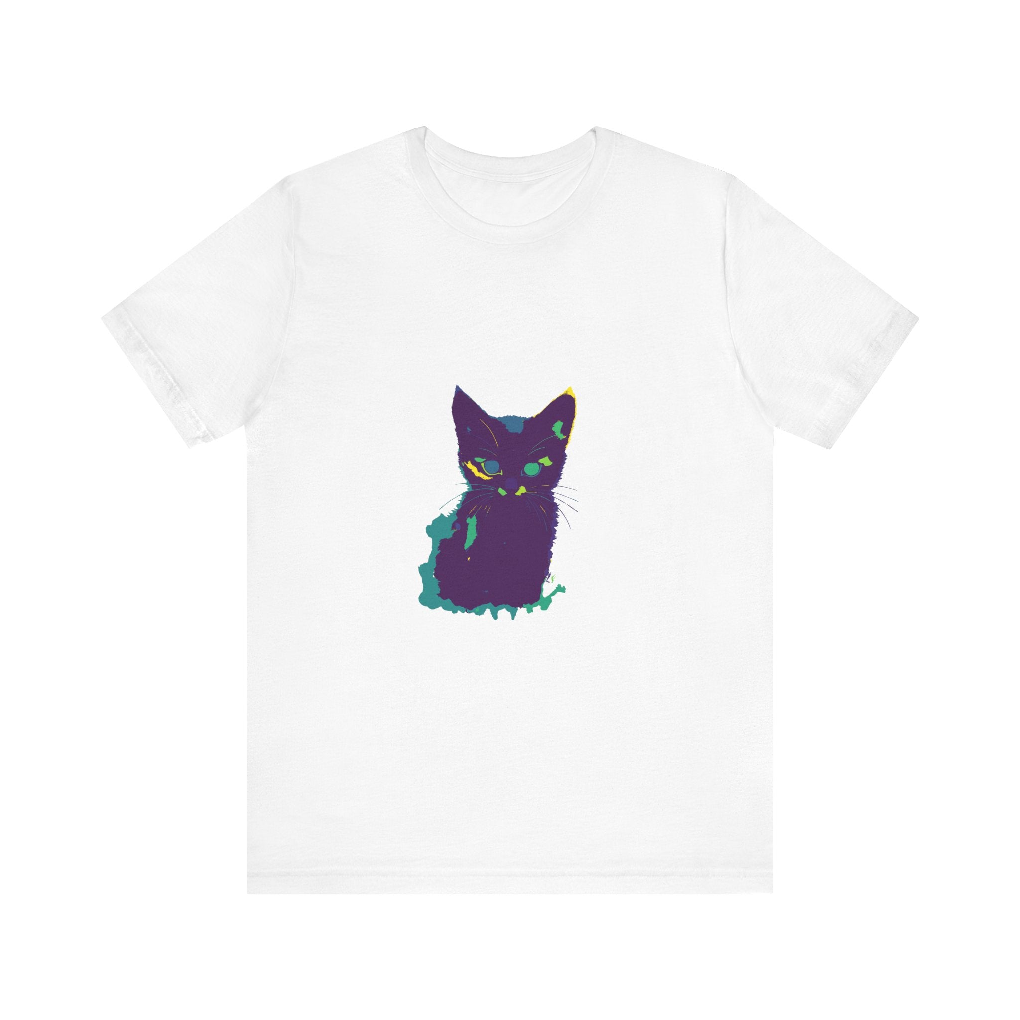 A vibrant and playful whimsical cat silhouette tee in colorful design