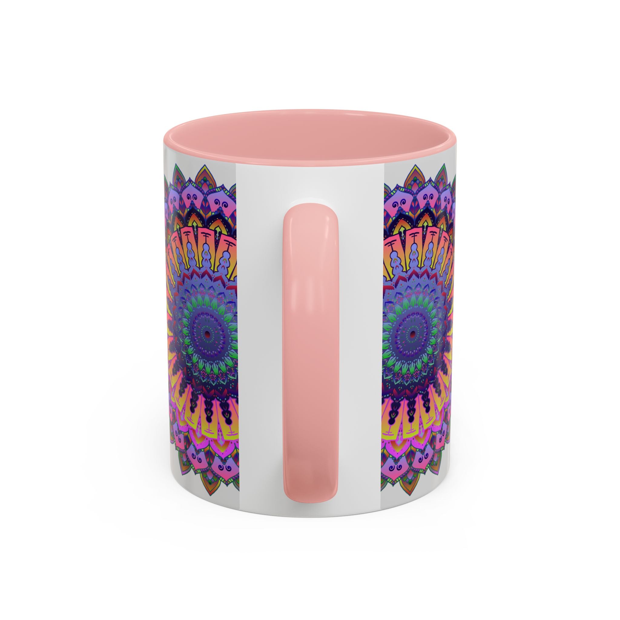 Vibrant and intricate mandala design on a grey ceramic mug