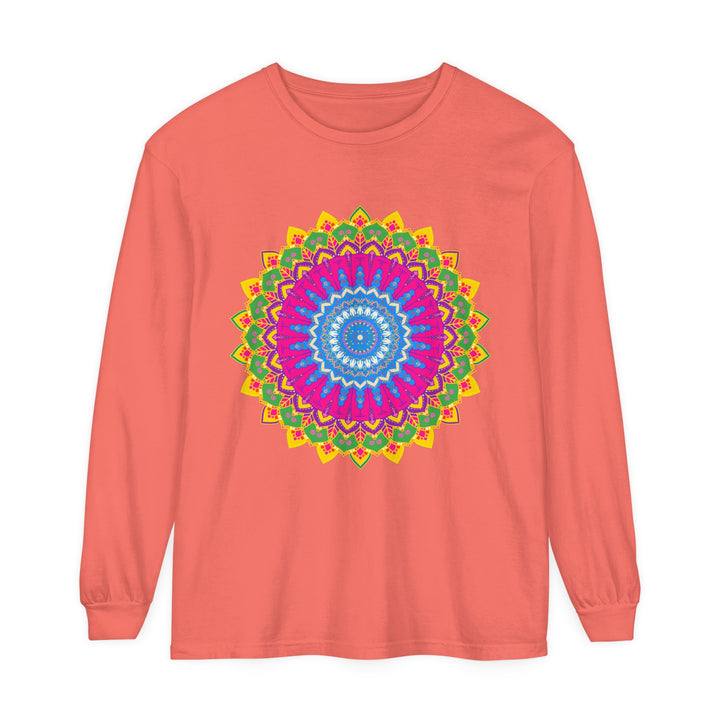 Colorful and intricate mandala design on a unisex long sleeve t-shirt