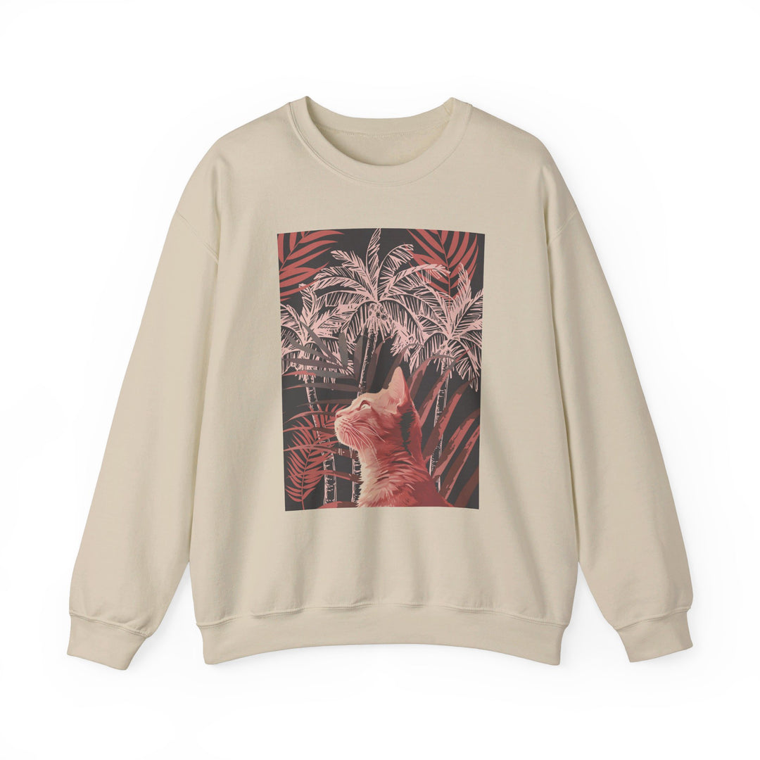 Black unisex crewneck sweatshirt with a cute cat under palm trees design