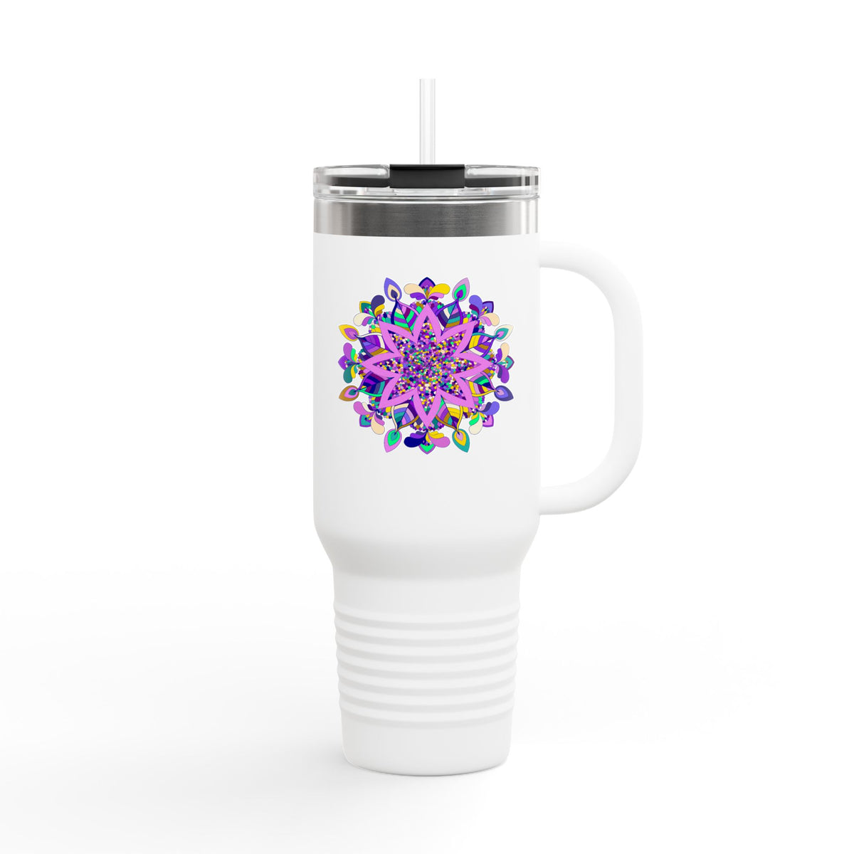 40oz Insulated Travel Mug — Purple Floral Mandala Design