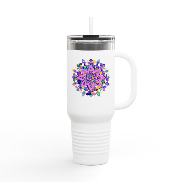 Filigraner Mandala-Reisebecher mit buntem Blumendesign