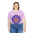 Vibrant and intricate mandala geometric design on a colorful t-shirt
