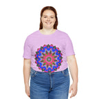 Vibrant and intricate mandala geometric design on a colorful t-shirt