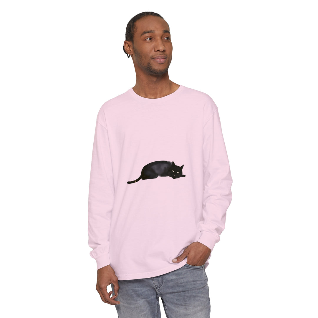 A cozy unisex long sleeve t-shirt featuring a sleeping black cat design