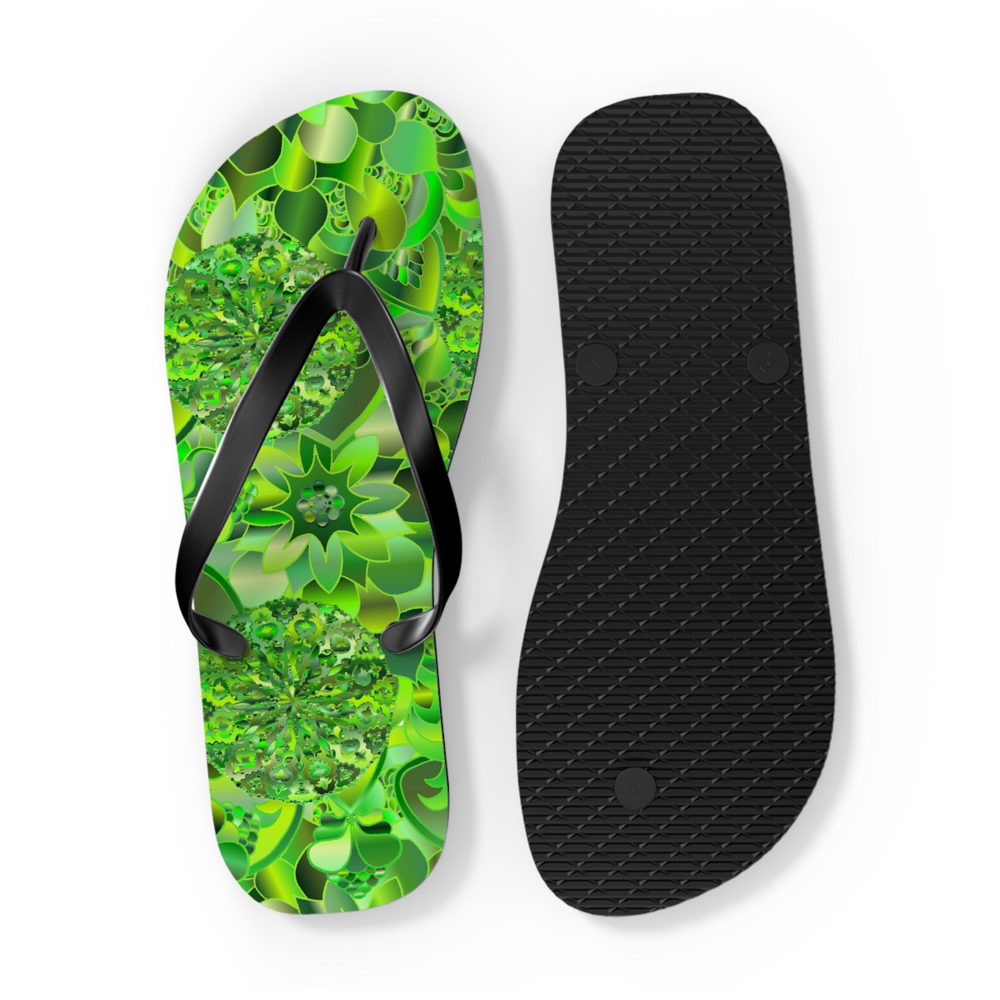 Green Kaleidoscope Flip Flops – Tropical Floral Beach Sandals