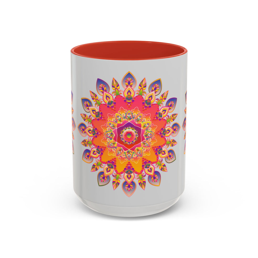 Vibrant and colorful mandala art mug on a grey background, perfect for enjoying your favorite drink in style