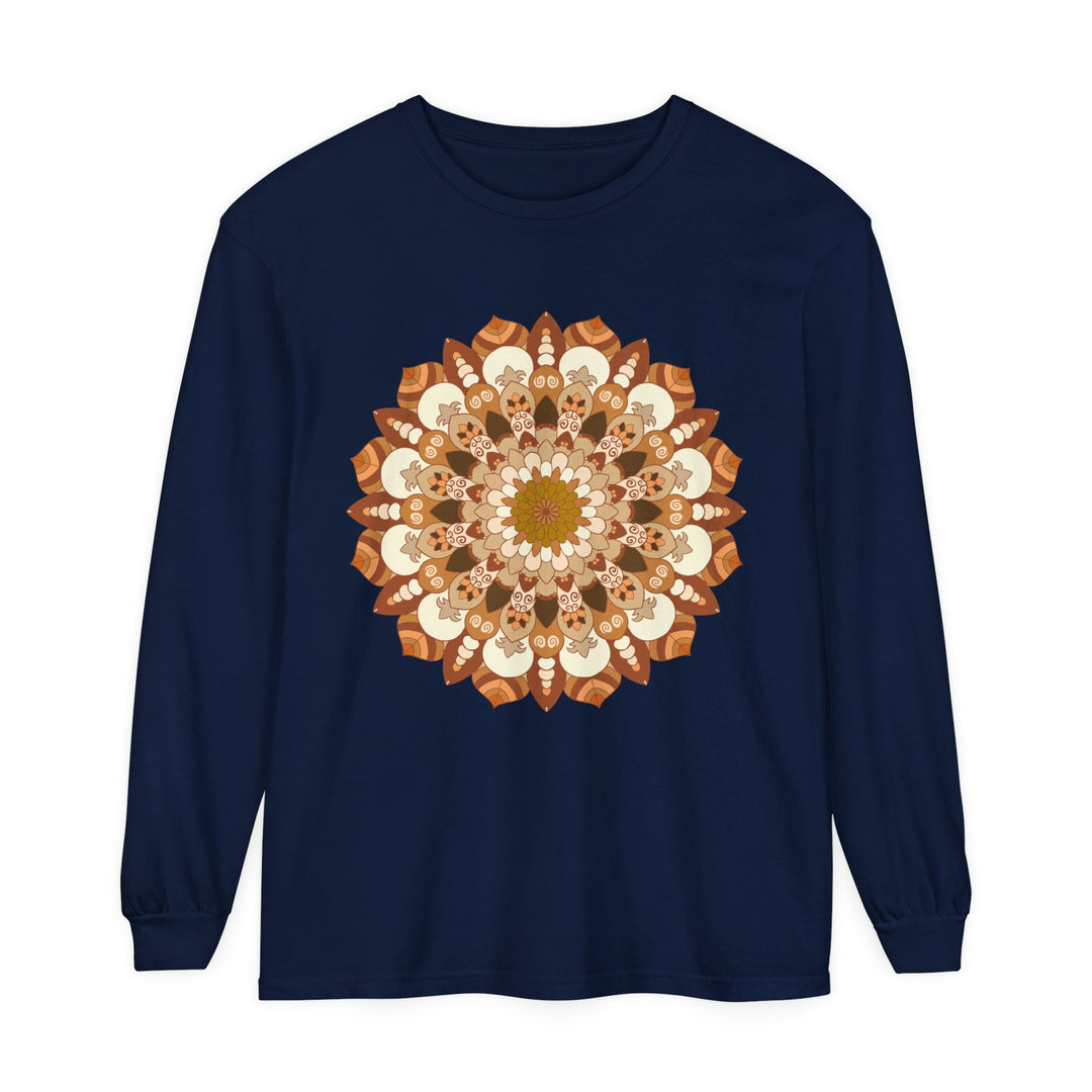 A close-up image of a unisex long sleeve t-shirt featuring an intricate mandala design in vibrant colors