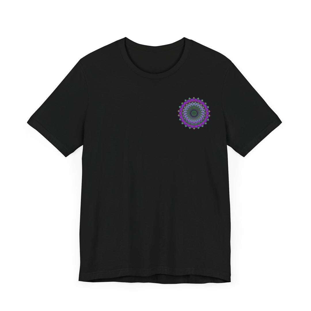 Beautiful black t-shirt with a vibrant mandala design symbolizing spiritual peace and harmony, perfect for yoga and meditation