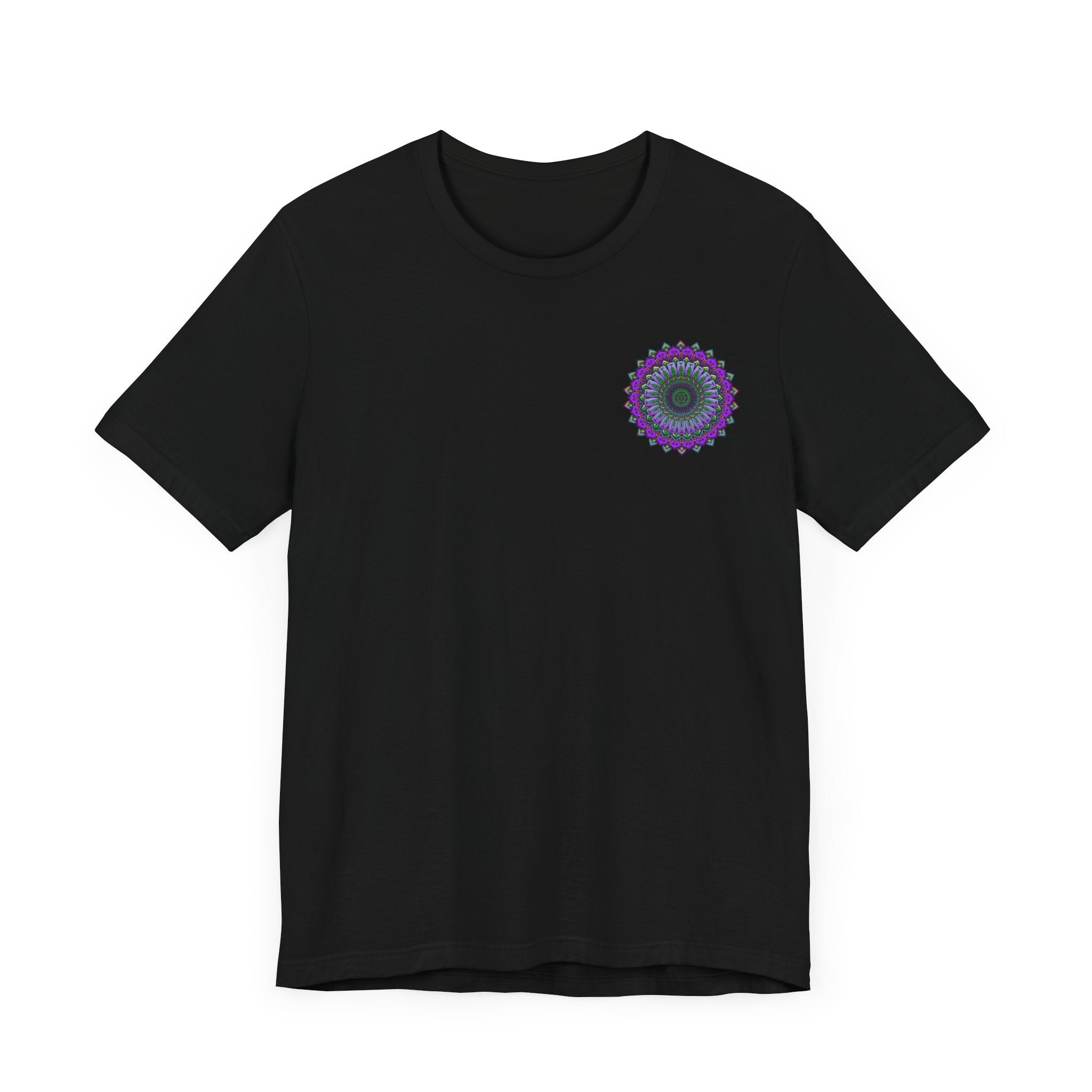 Beautiful black t-shirt with a vibrant mandala design symbolizing spiritual peace and harmony, perfect for yoga and meditation