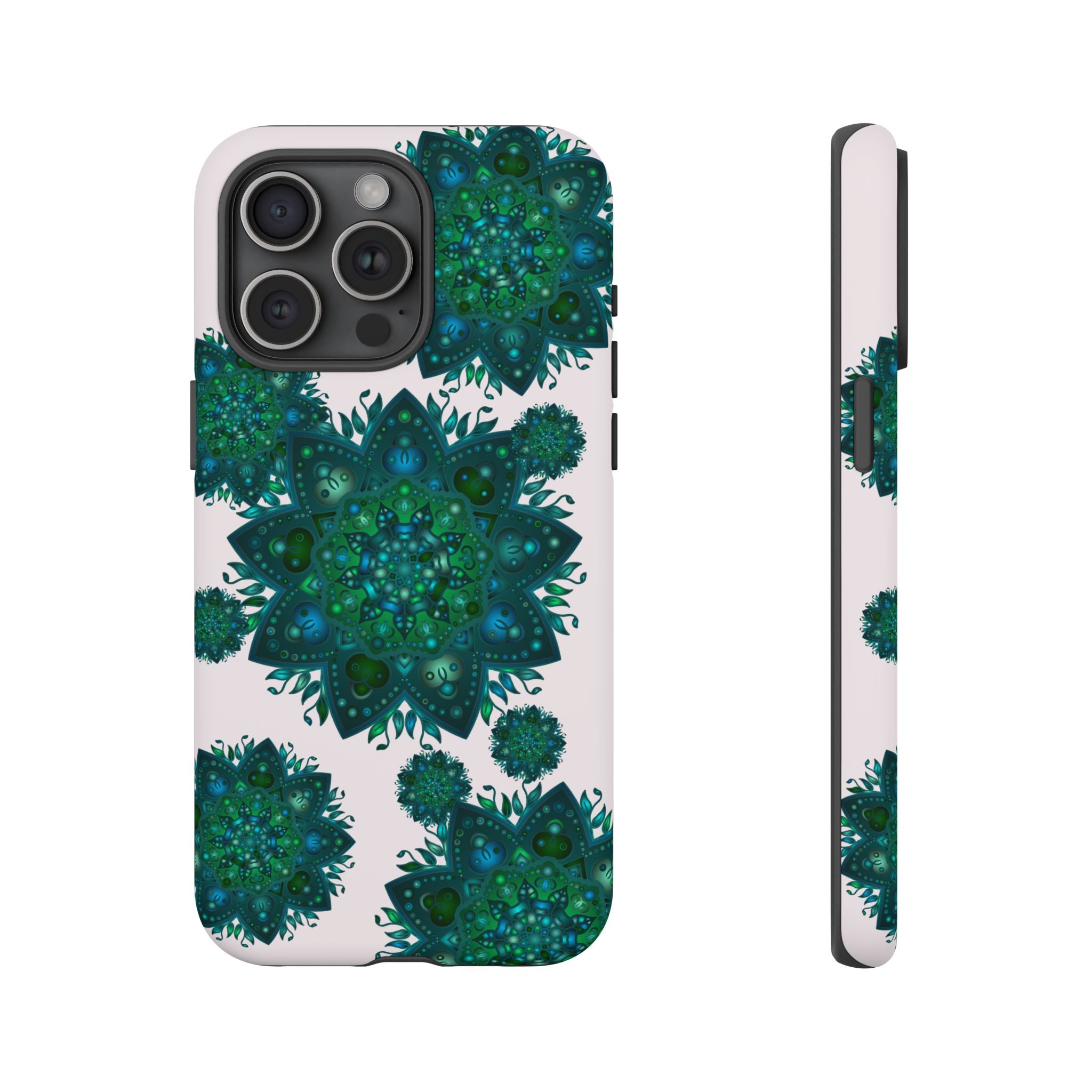 Light pink and green mandala phone case with a peaceful and intricate design