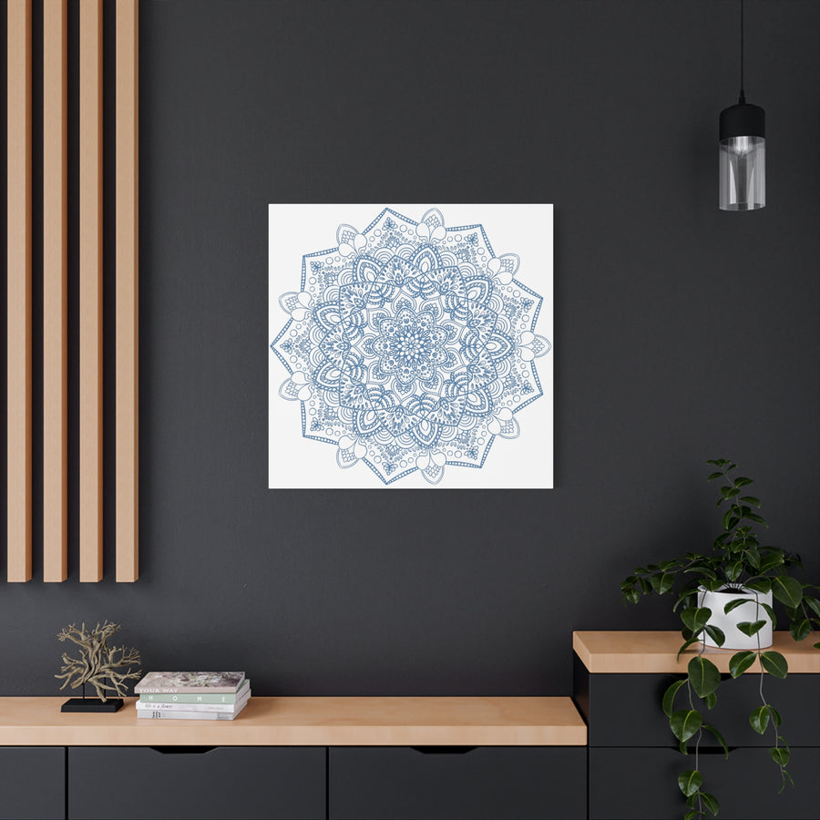 Handmade Mandala Art with Steel Blue Mandala Design on Matte Canvas, Stretched to 125 inches - Unique Wall Decor