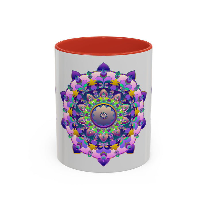 A vibrant and intricate mandala art mug with a colorful floral design