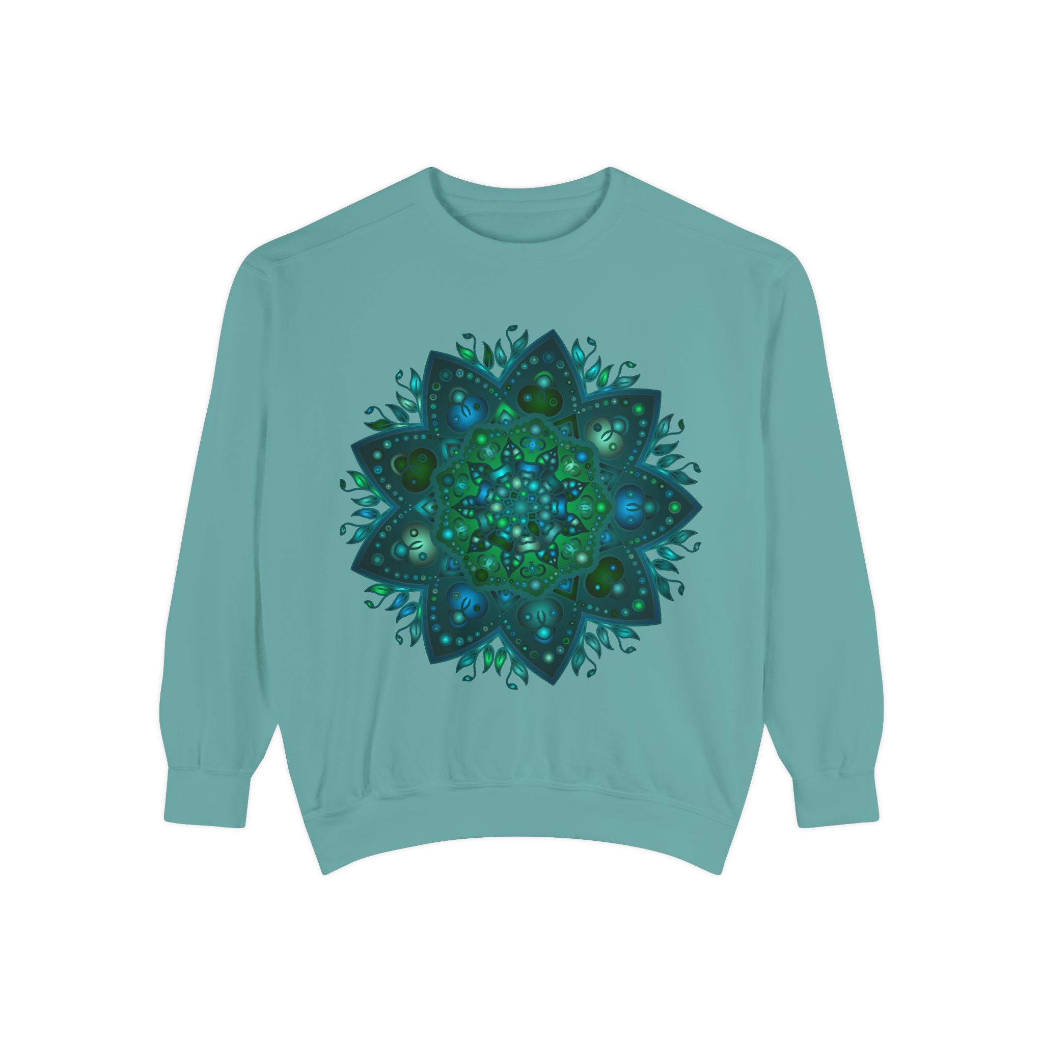 Teal and blue mandala sweatshirt with intricate design, perfect for stylish and comfortable casual wear