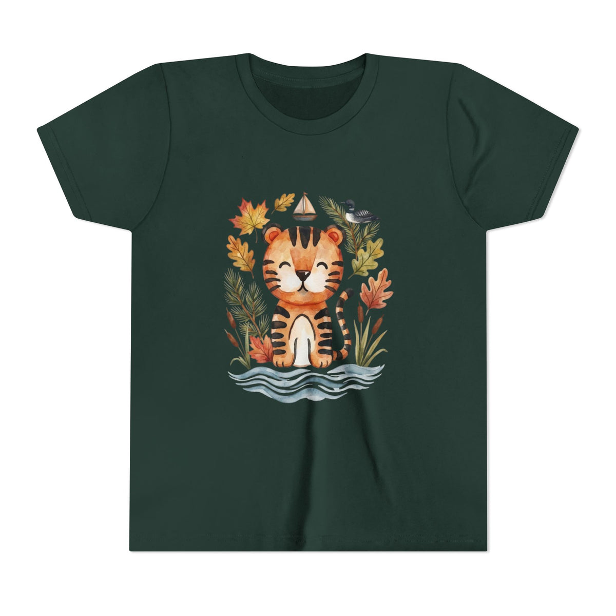 Kids Tiger Lake Ontario Tee — Watercolor Autumn Sailboat & Leaves Youth Short Sleeve Tee