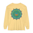 Colorful and intricate psychedelic mandala design long sleeve t-shirt on display