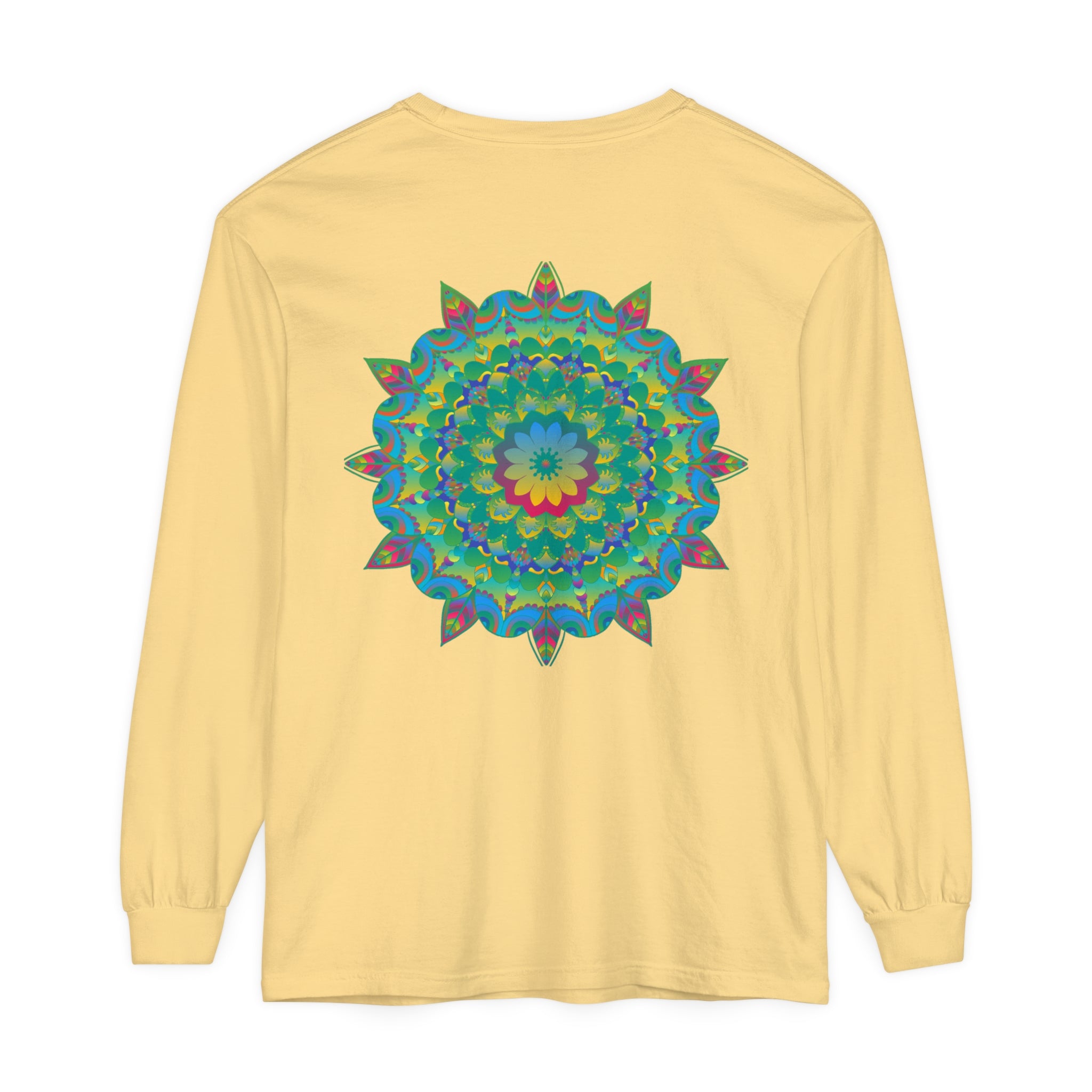 Colorful and intricate psychedelic mandala design long sleeve t-shirt on display