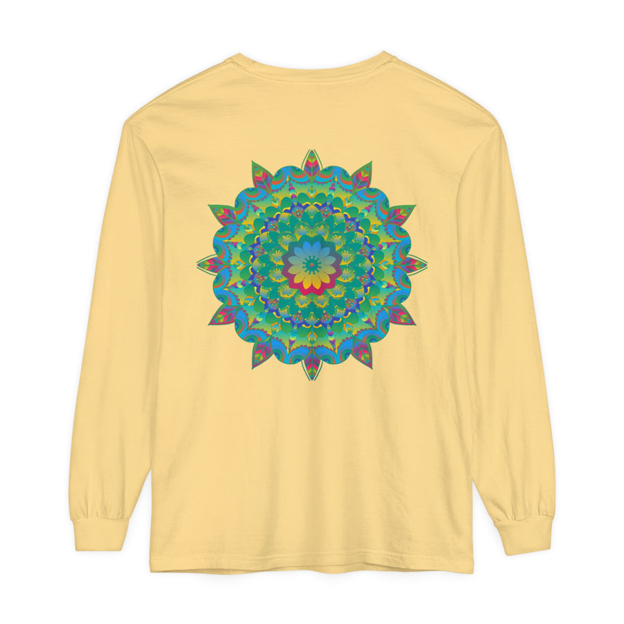 Colorful and intricate psychedelic mandala design long sleeve t-shirt on display