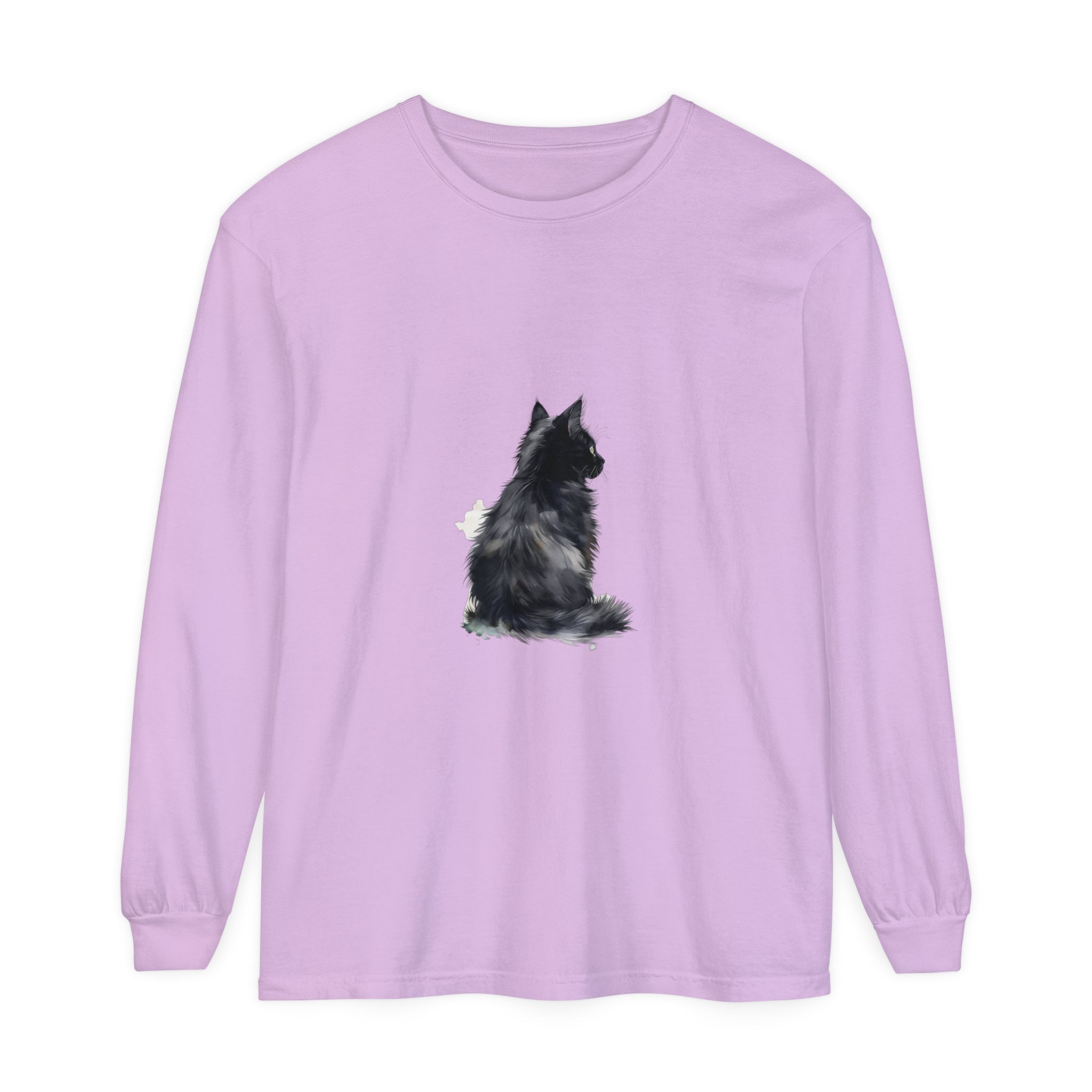 Beautiful hand-painted watercolor long sleeve t-shirt featuring a black and white cat design