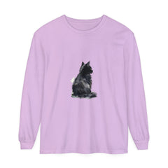 Beautiful hand-painted watercolor long sleeve t-shirt featuring a black and white cat design