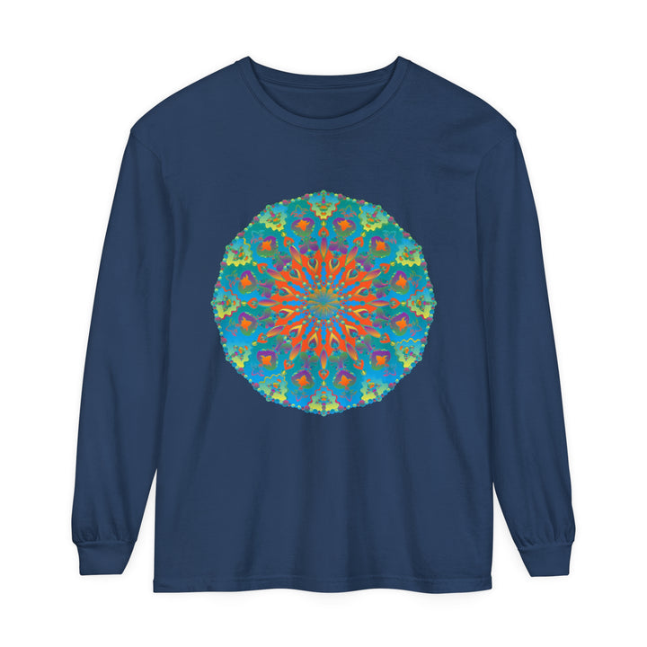 Colorful long sleeve t-shirt featuring rainbow mandala design on front