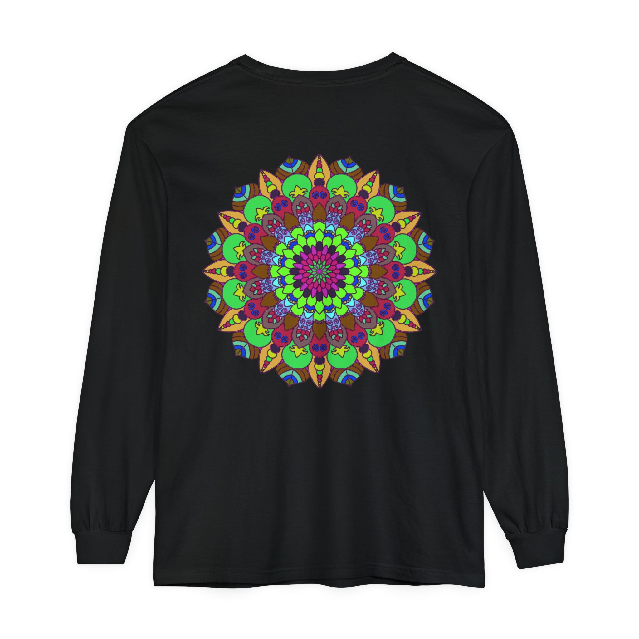 Vibrant and intricate mandala design long sleeve unisex t-shirt in multiple colors