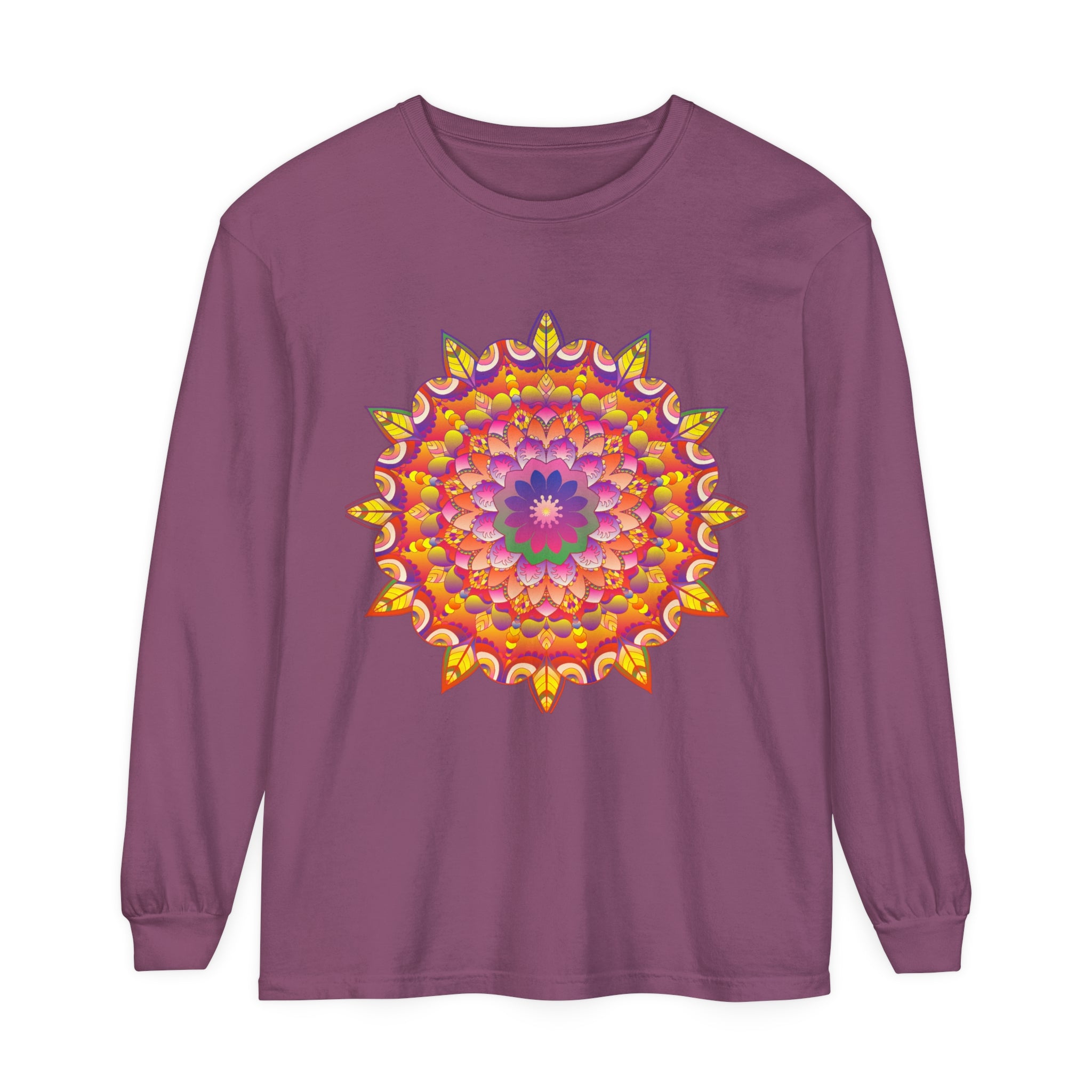 Colorful and detailed mandala design on a unisex long sleeve t-shirt