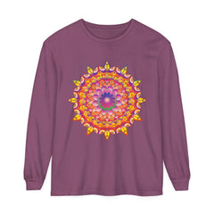 Colorful and detailed mandala design on a unisex long sleeve t-shirt