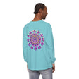 A close-up image of a black long sleeve t-shirt with an intricate mandala design, suitable for both men and women