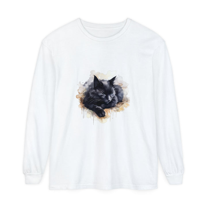 A beautiful watercolor illustration of a sleeping black cat on a t-shirt