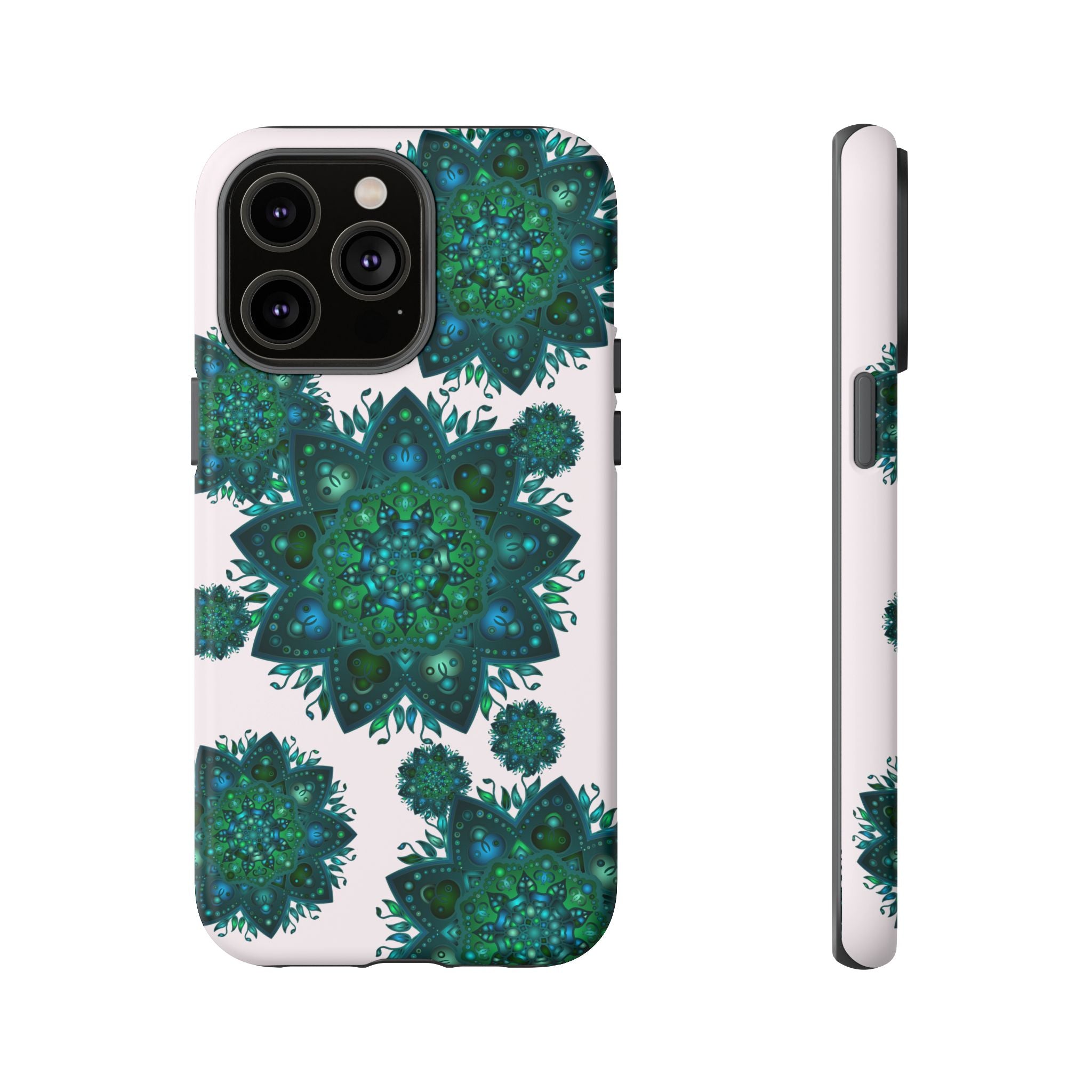 Light pink and green mandala phone case with a peaceful and intricate design