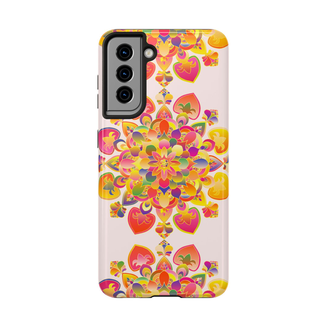 High quality and colorful phone case featuring a hand drawn mandala art design