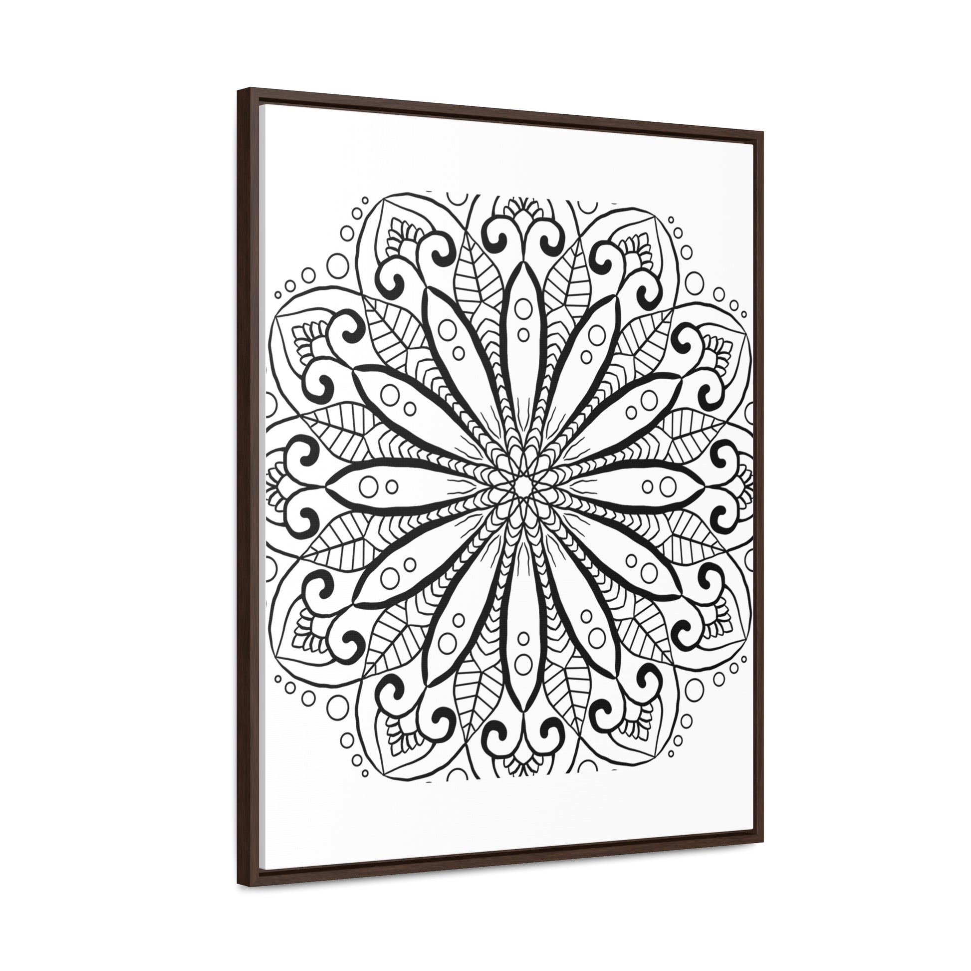 Handcrafted black and white mandala wall art on gallery canvas wraps with vertical frame