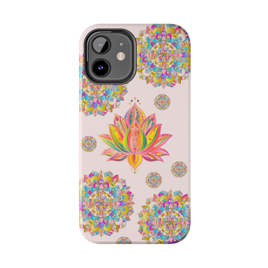 A light pink phone case featuring a beautiful lotus flower mandala design