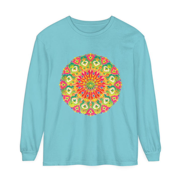 A vibrant long sleeve T-shirt featuring an intricate mandala design